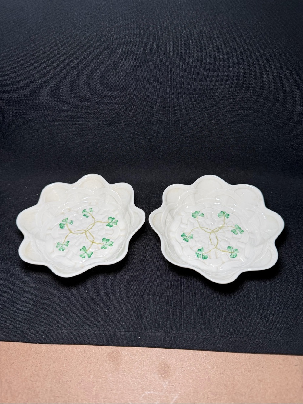 Belleek Ireland Scalloped Sweet Candy Trinket Dish Green Shamrocks Gently Used